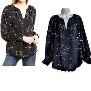 Joie Allea Black Pink Blouse Size Medium Dainty Floral V-neck Long Sleeve Career